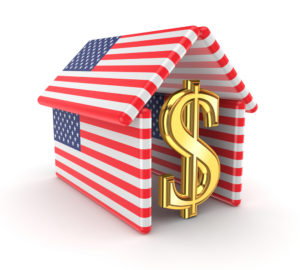 Golden dollar sign within a house made of American flags